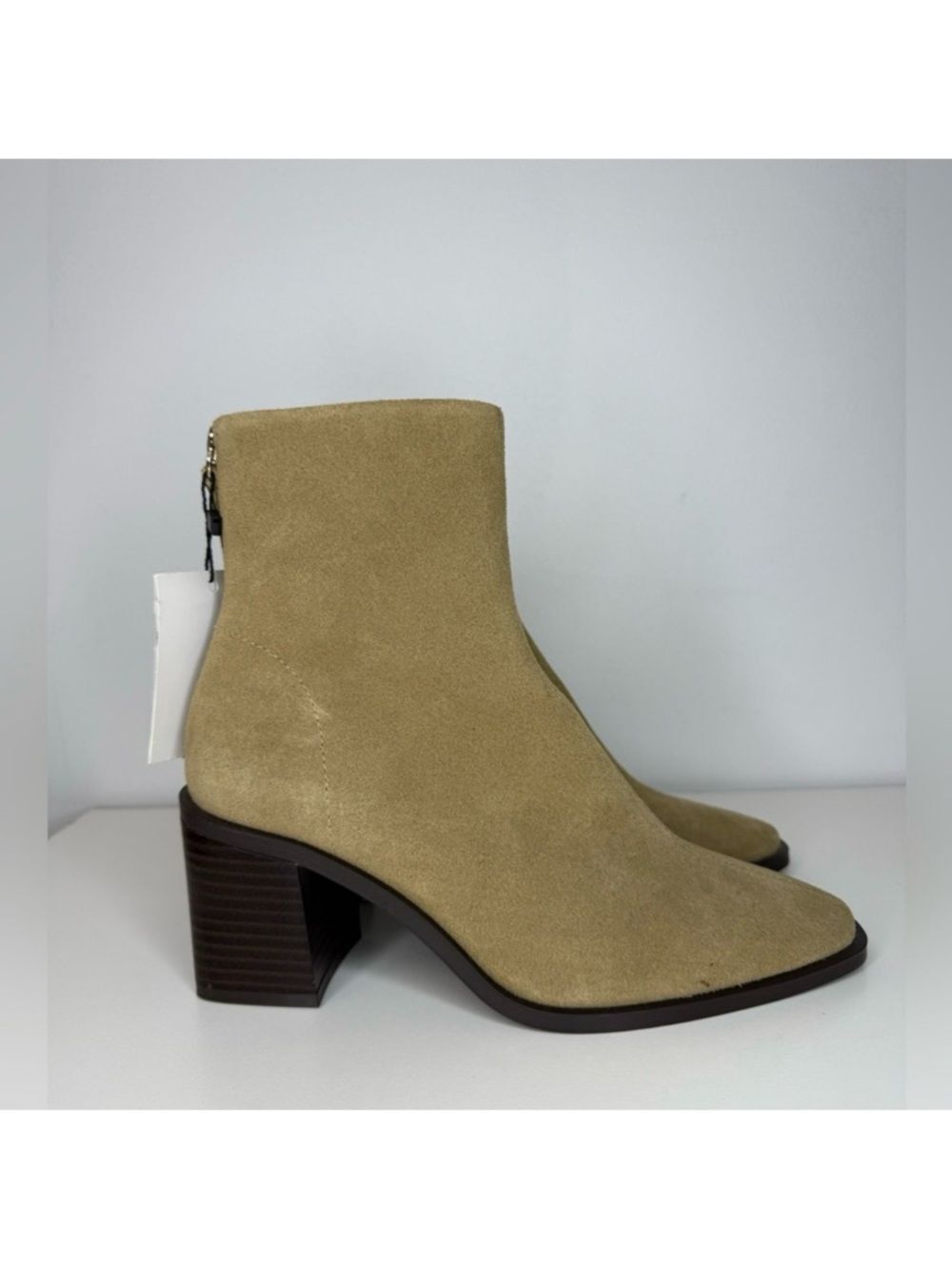 Mango MNG Taupe Suede Leather Block Heel Ankle Boots Women's Size EU 36 6 NWT